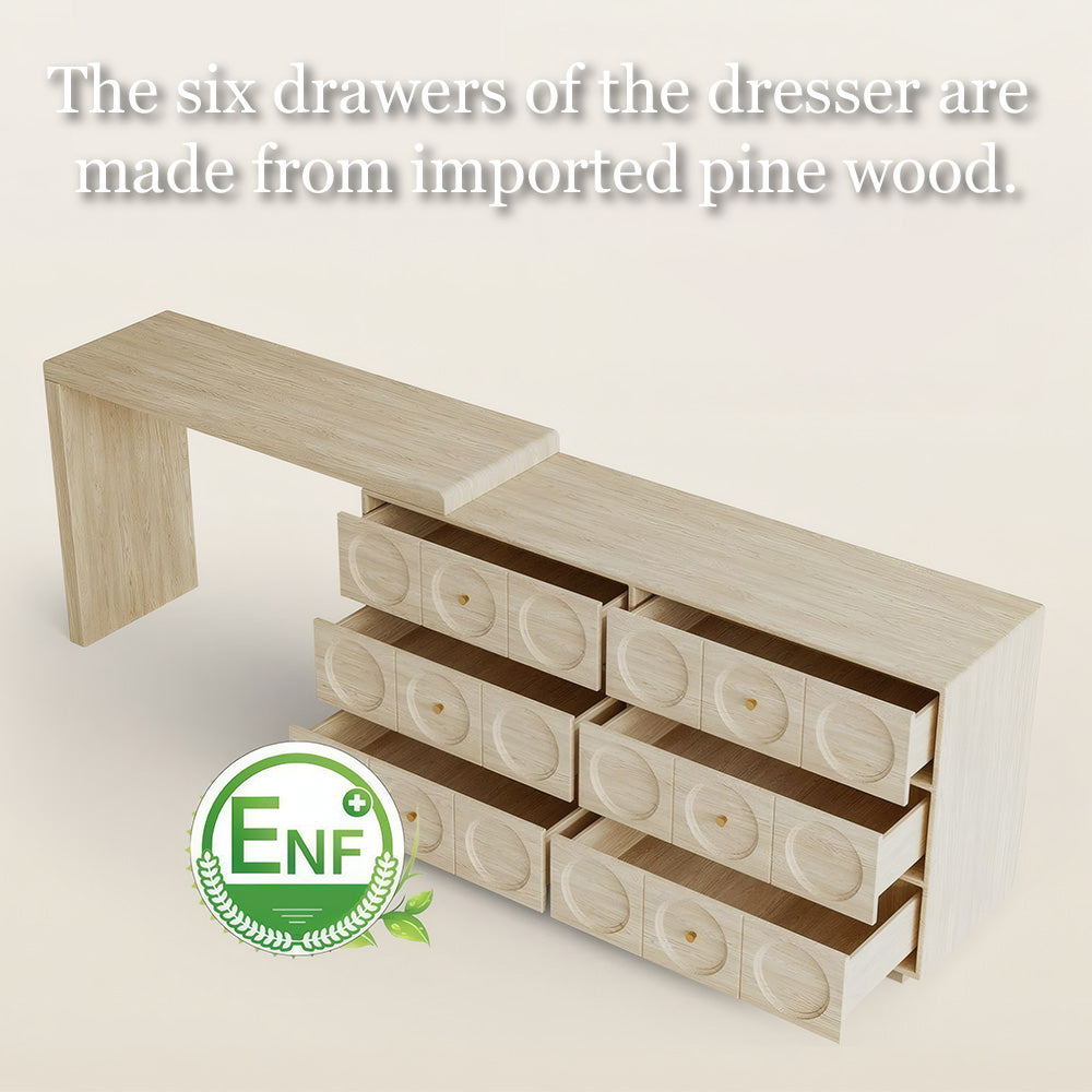 Modern 6-Drawer Dresser with Sculpted Front Panels & Walnut Vanity Top Minimalist Makeup Vanity Storage Cabinet