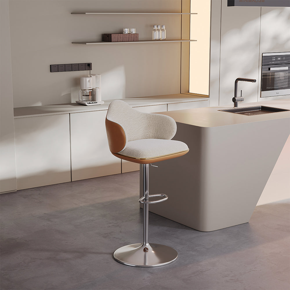 Modern Adjustable Swivel Bar Stool Burgundy Chenille Upholstered Seat Beige Accent Chrome Base Counter Height Bar Chair 1 Piece