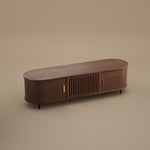 Load image into Gallery viewer, 70.2&#39;&#39; Walnut Curved TV Stand Vertical Textured Design with Metal Handles
