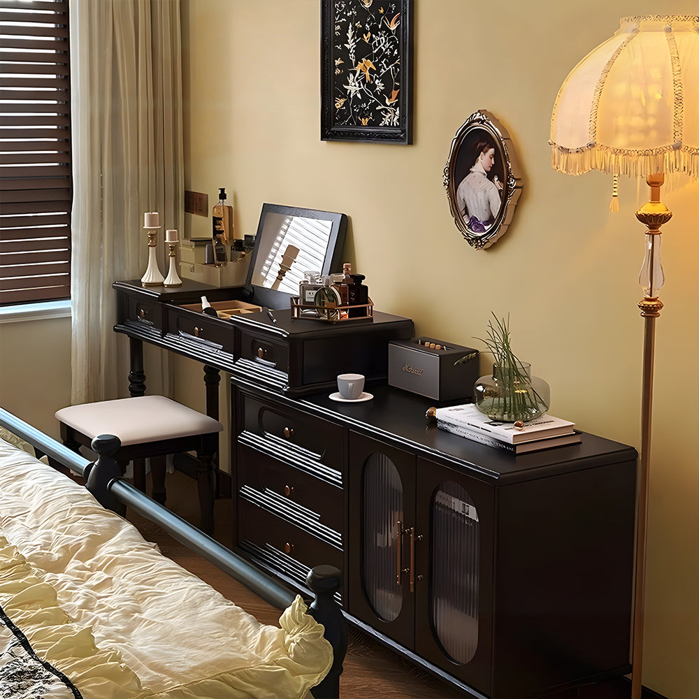 Modern Vintage Vanity Desk with Mirror and Stool Dark Wood Makeup Table with Drawers Storage