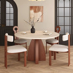 Load image into Gallery viewer, Modern Round Travertine Dining Table Solid Wood Pedestal Base Minimalist Dining Room Table
