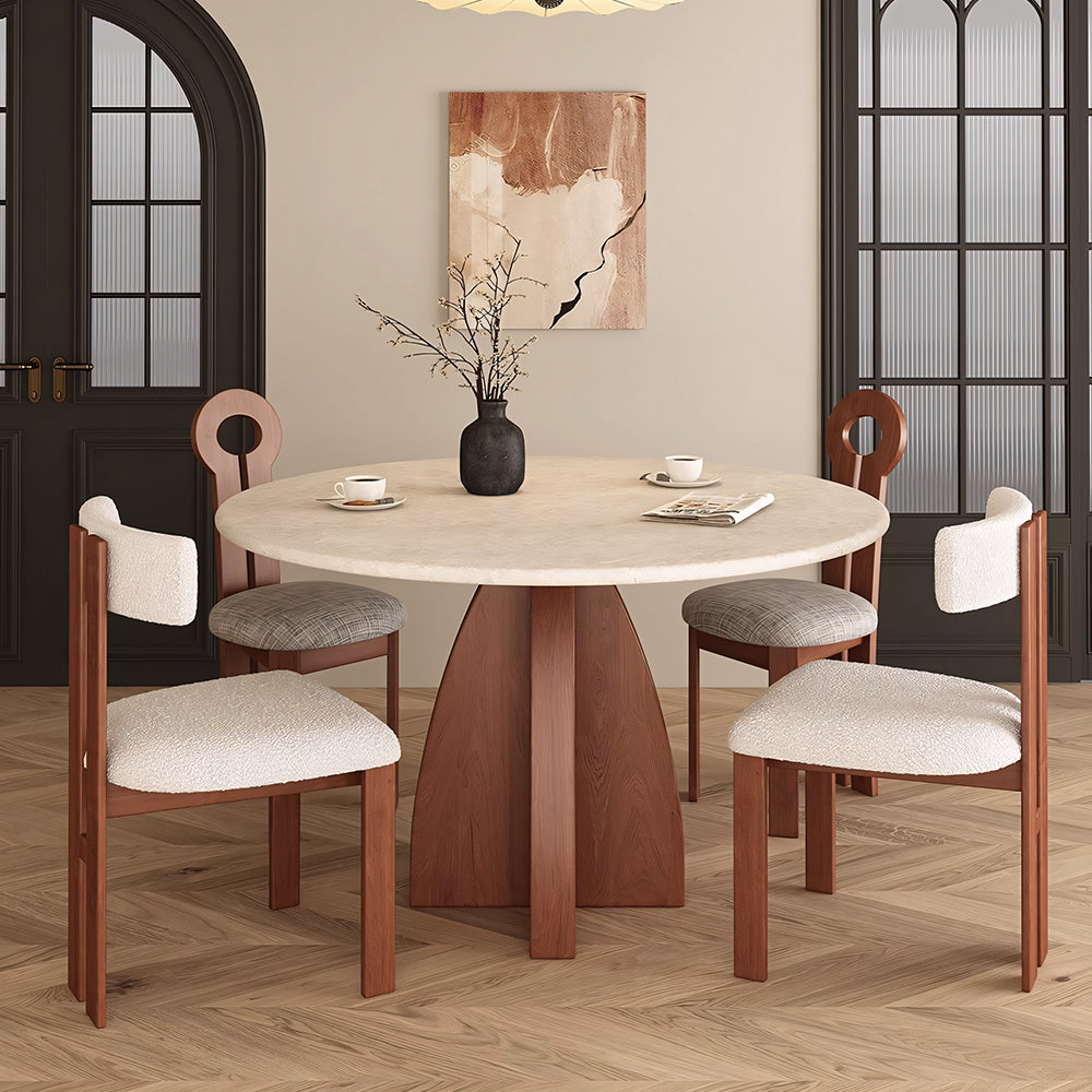 Modern Round Travertine Dining Table Solid Wood Pedestal Base Minimalist Dining Room Table