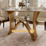 Load image into Gallery viewer, Square Dining Table with Sculptural Gold Base and Exquisite Marble-Look Surface for 4-6 People

