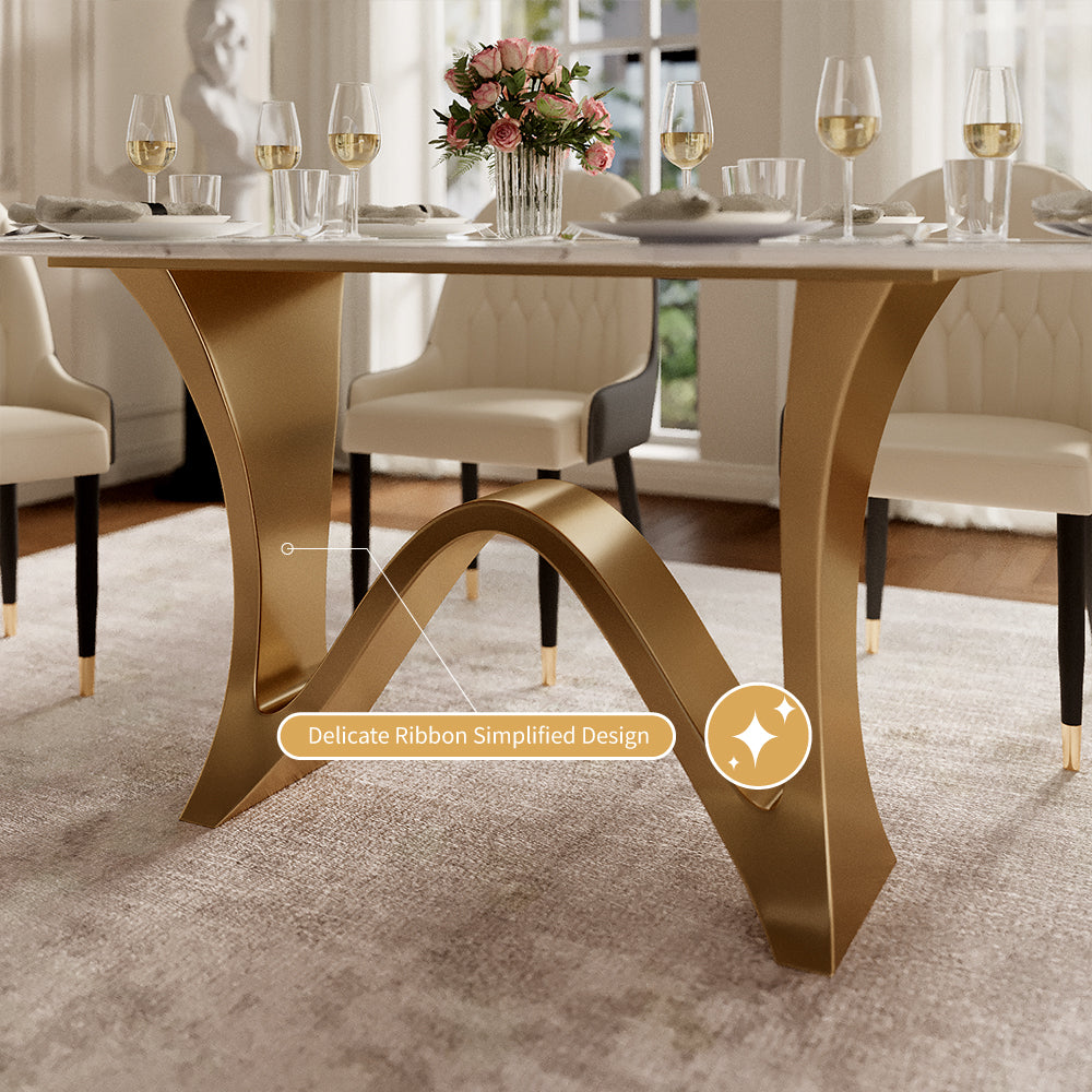 Square Dining Table with Sculptural Gold Base and Exquisite Marble-Look Surface for 4-6 People