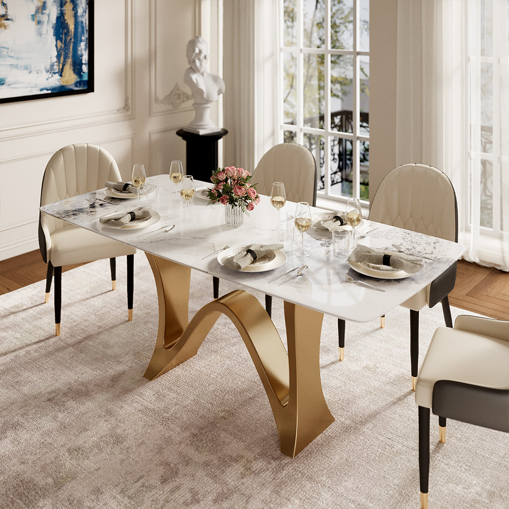 Square Dining Table with Sculptural Gold Base and Exquisite Marble-Look Surface for 4-6 People