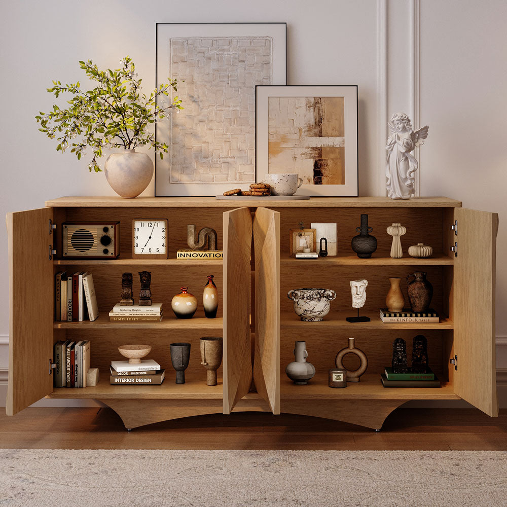 Modern Sculptural Sideboard Cabinet with 3D Curved Panel Doors Minimalist Wooden Buffet for Dining & Living Rooms