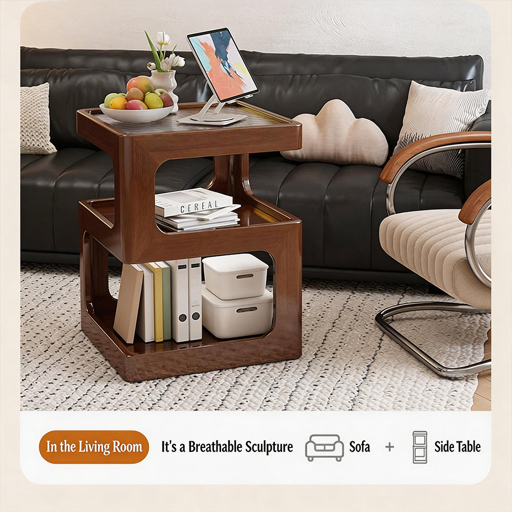 Modern Solid Wood Bedside Table with Fluted Glass Top Multi Layer Storage Nightstand