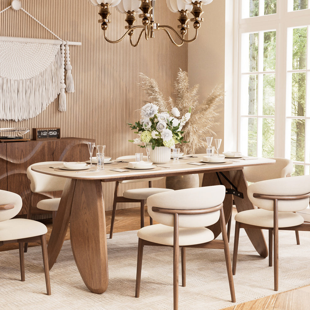 Dining Table with Ceramic Stone Top Wooden Base Modern Elegant Design for Dining Room