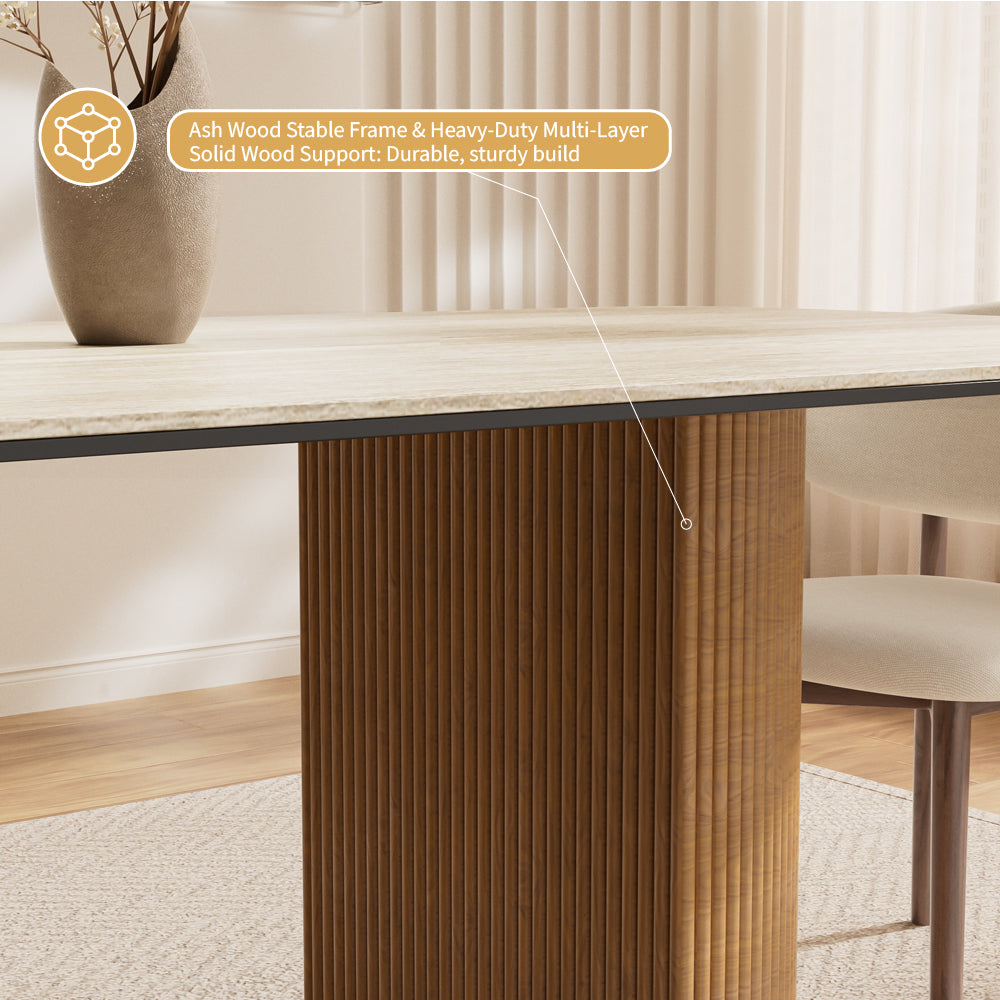 Square Dining Table White Ceramic Top Semi-cylindrical Wooden Base for 6 People
