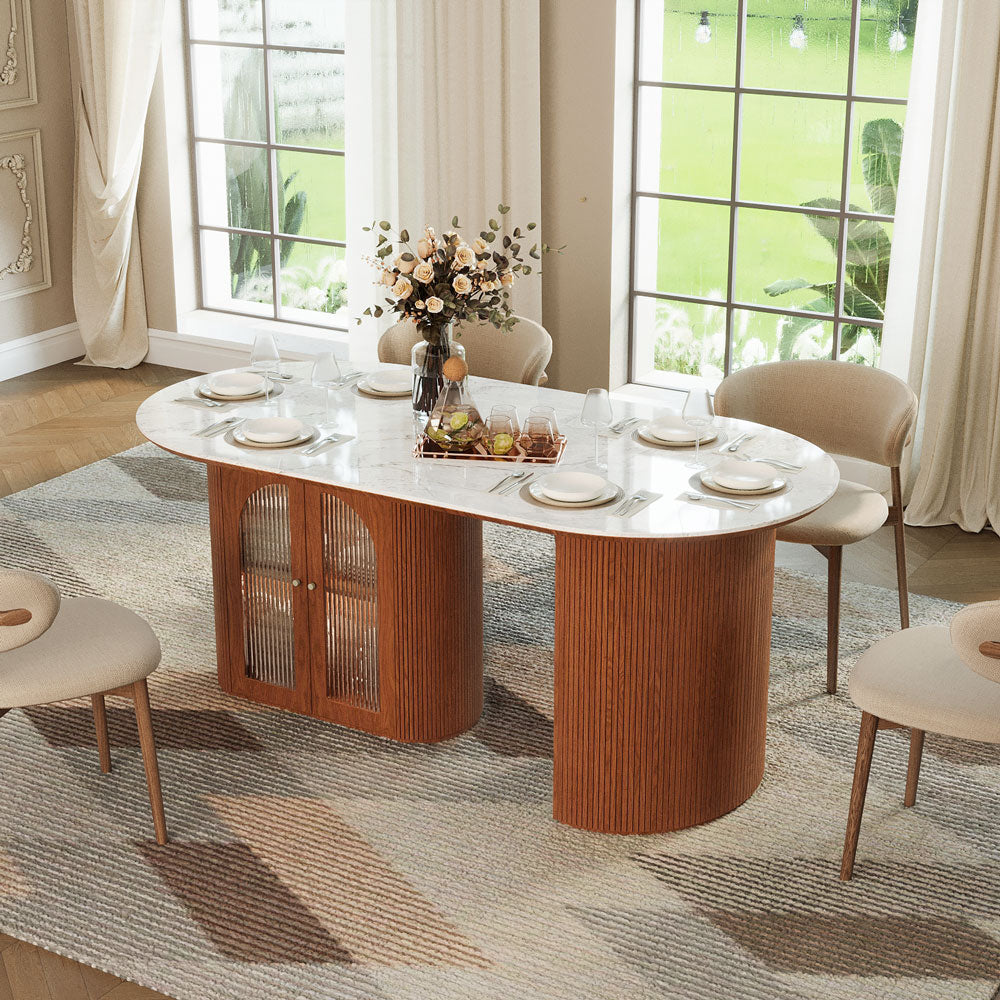 70"/78"Modern Dining Table with Stone Top & Storage Cabinet Scratch-Resistant Surface Double-Door Design and Solid Wood Legs