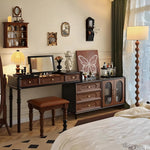 Load image into Gallery viewer, Modern Vintage Vanity Desk with Mirror and Stool Dark Wood Makeup Table with Drawers Storage
