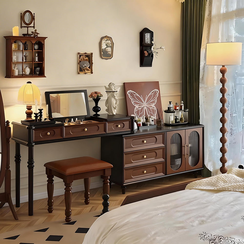 Modern Vintage Vanity Desk with Mirror and Stool Dark Wood Makeup Table with Drawers Storage