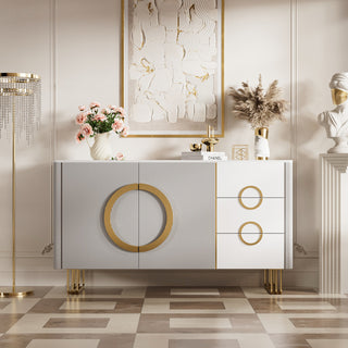 62.4" Sleek Modern White and Gold Buffet Cabinet with Circular Accents