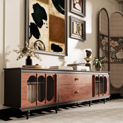 80.73''French Style TV Cabinet Two-Tone Finish Curved Glass Doors High-Leg Frame Dual Drawer Storage