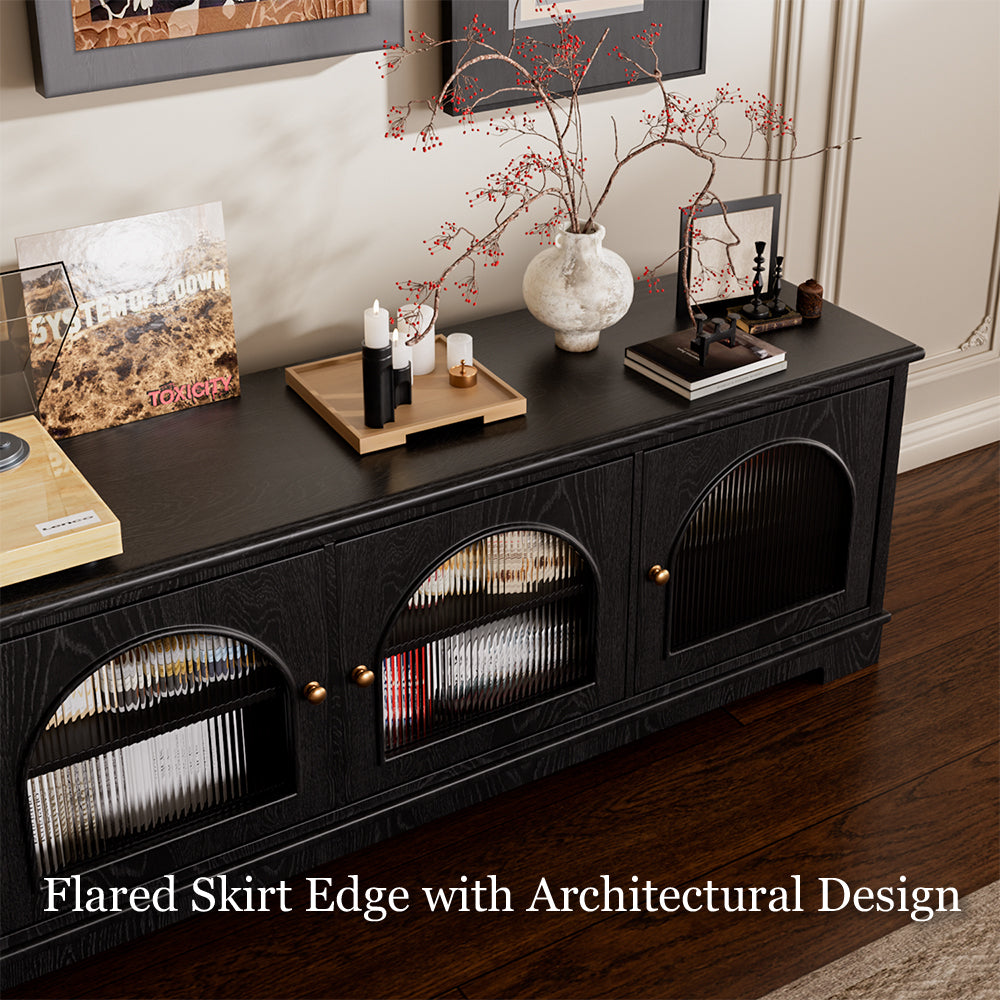 Modern Low-Profile TV Cabinet with Arched Glass Doors Freestanding Storage Console