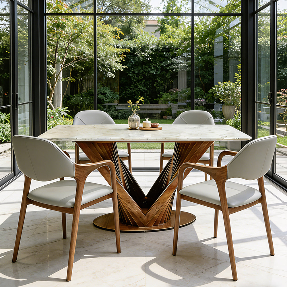 Luxury Sintered Stone Dining Table Kitchen Table With Artistic V-Shaped Solid Wood Base