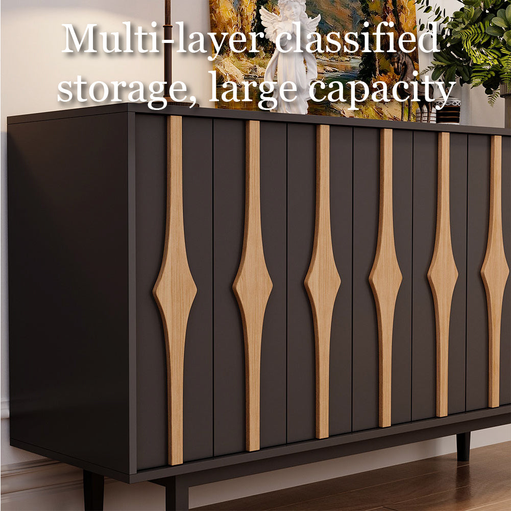 55.1'' Modern Black & Natural Wood Sideboard Cabinet with Decorative Slatted Doors