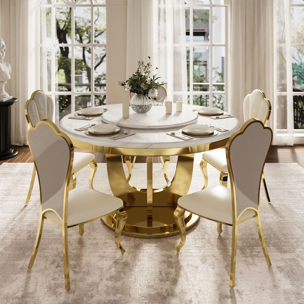 Round Dining Table with Lazy Susa Ceramic Top Gold Metal Base for 4-6 People