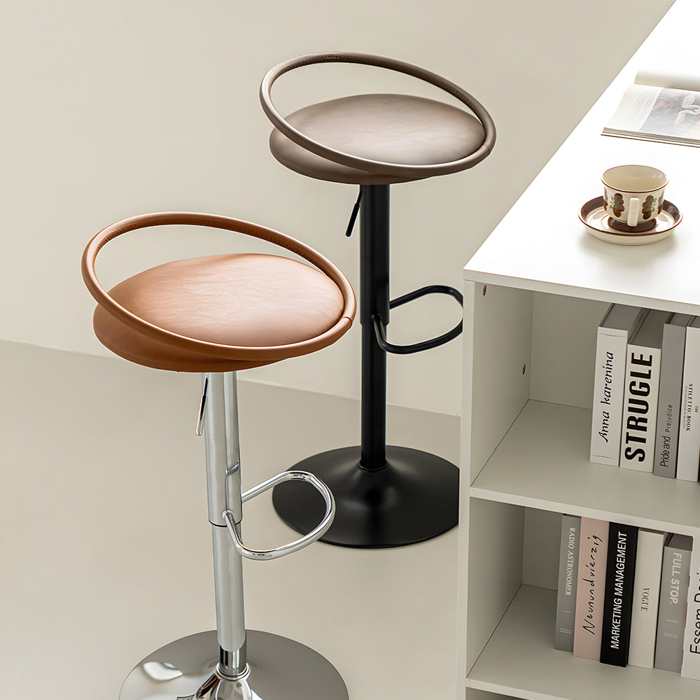 Modern Swivel Adjustable Bar Stool Set of 2 Brown Upholstered Seats Stainless Steel Base