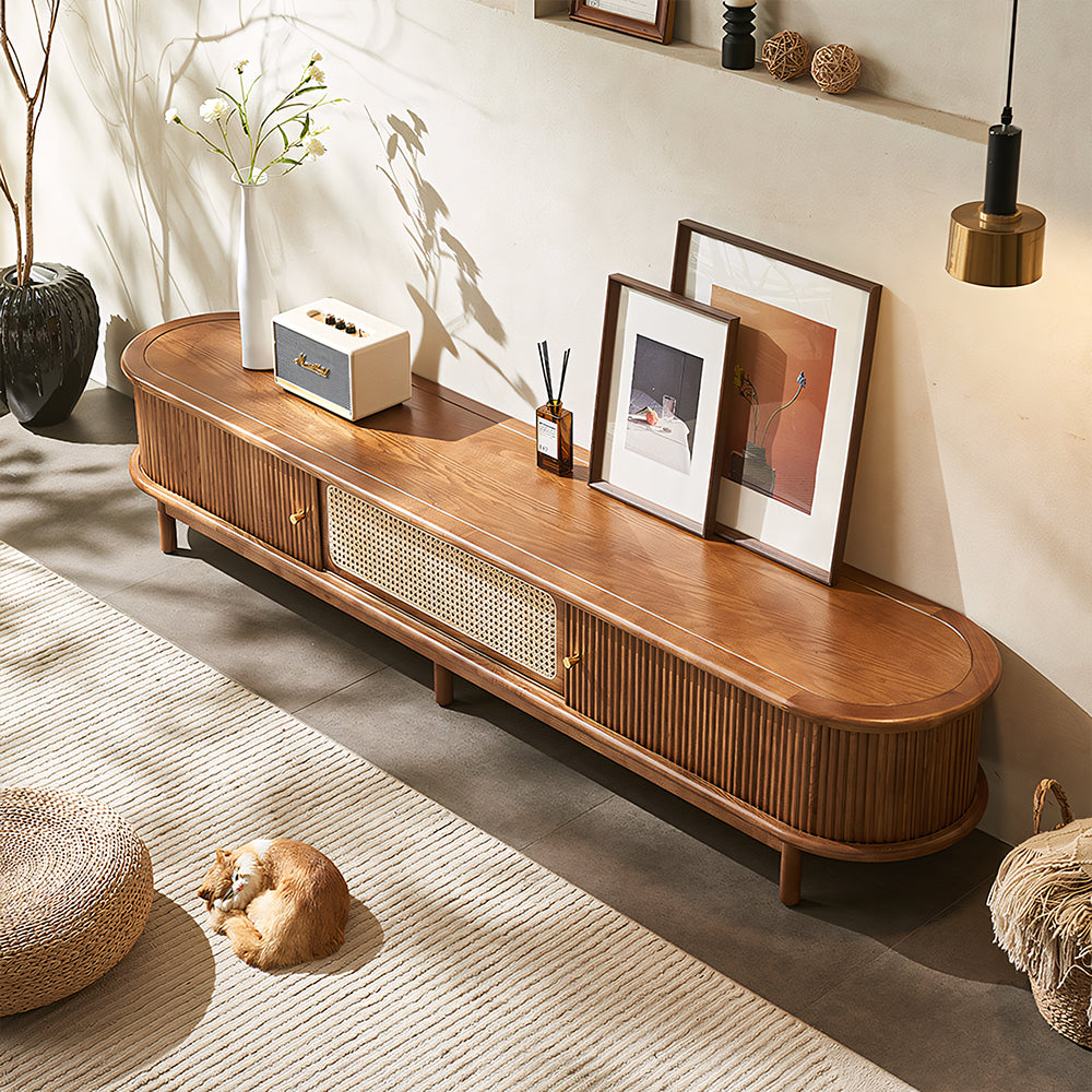 70.2'' TV Stand Sliding Rolling Door Rattan TV Console Media Cabinet for Modern Living