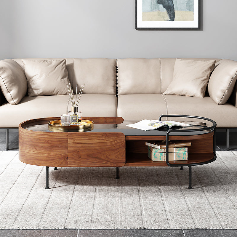 50.7" Modern Storage Coffee Table Tempered Glass Top Walnut Minimalist Design