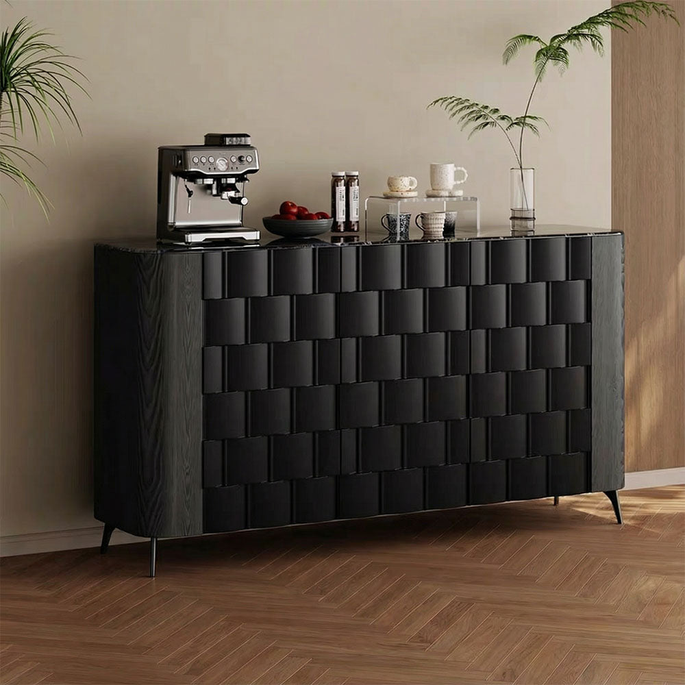 59" Modern Black Geometric Sideboard Cabinet with Sculpted Front Panels