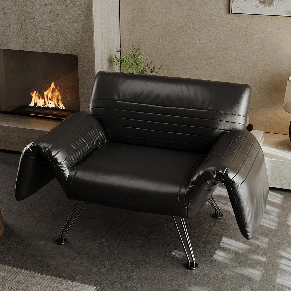 Modern Sculptural Leather Lounge Chair Adjustable Armrest Accent Chair with Metal Legs Contemporary Artistic Seating
