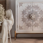 Load image into Gallery viewer, 61'' Boho Mandala Carved Sideboard Cabinet White Washed Wooden Buffet Storage with Metal Base Decorative Accent Console
