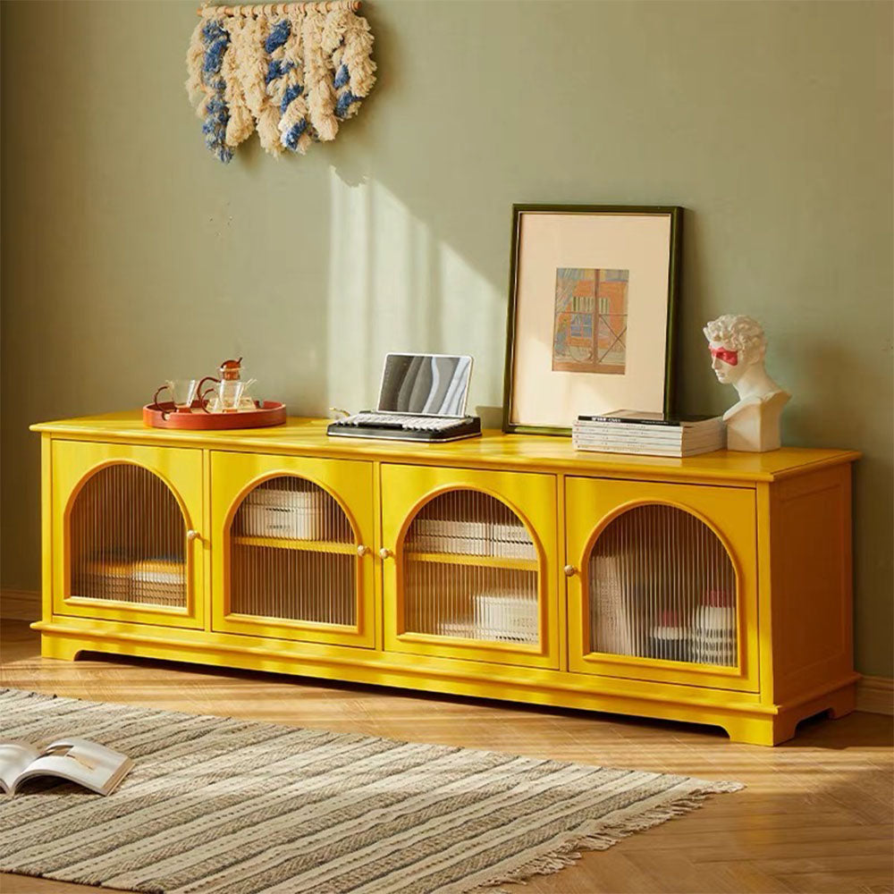 Modern Low-Profile TV Cabinet with Arched Glass Doors Freestanding Storage Console