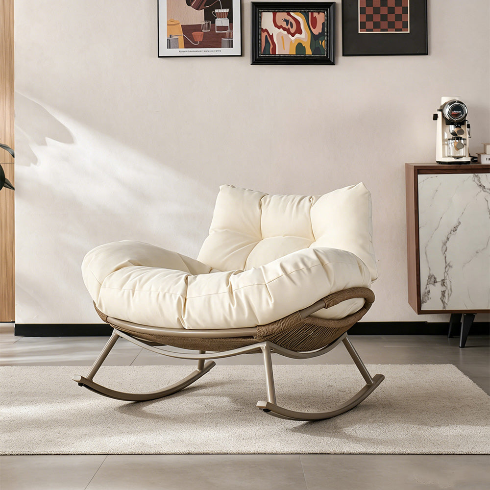 Modern Outdoor Rocking Lounge Chair with Cushioned Seat and Woven Base