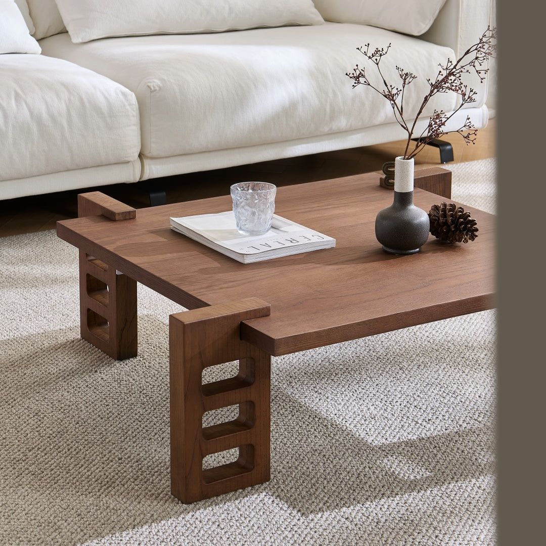 39.78" Mid-Century Coffee Table Natural Red Oak Retro Wood Finish Fluted Design