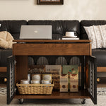 Load image into Gallery viewer, 26&#39;&#39; Vintage Rolling Coffee Table with Storage | Glass Paneled Cabinet Doors + Hidden Compartment + Compact Design
