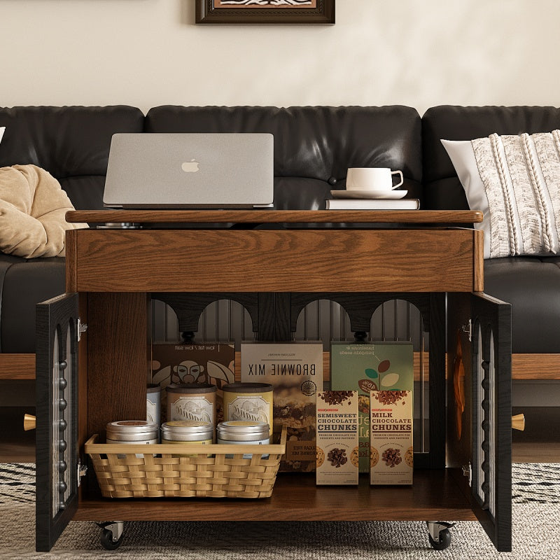 26'' Vintage Rolling Coffee Table with Storage | Glass Paneled Cabinet Doors + Hidden Compartment + Compact Design