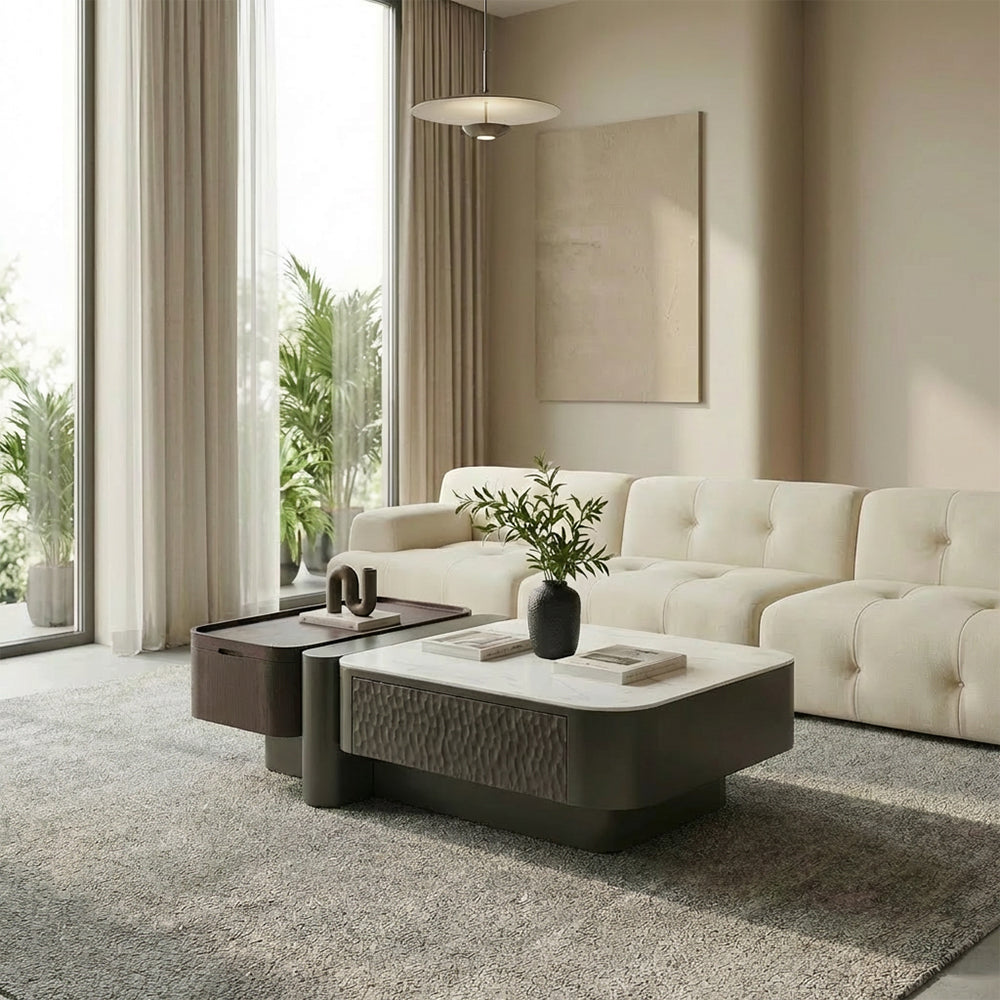 Modern Lift Top Coffee Table with Storage Microcrystalline Stone Surface Multifunctional Wooden Center Table
