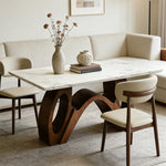 Load image into Gallery viewer, Modern Sintered Stone Dining Table Luxury Kitchen Table with Sculptural Walnut Wood Base for 4-6
