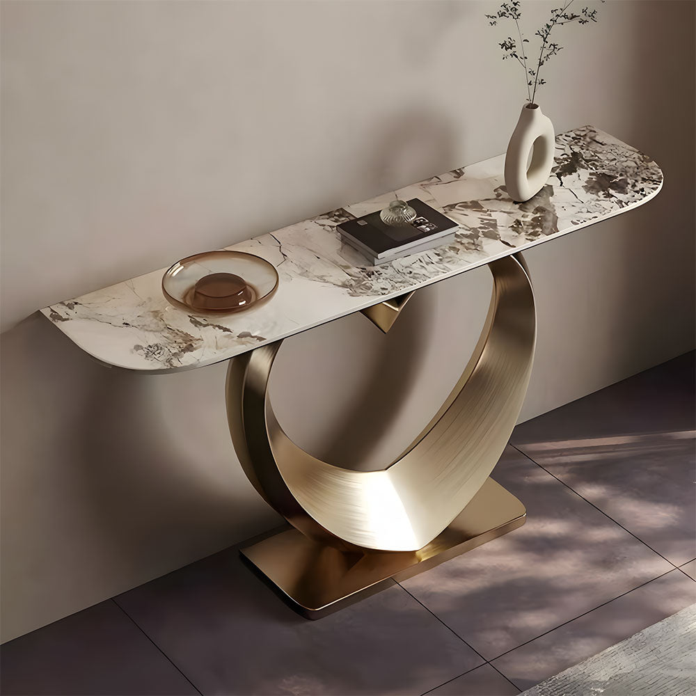 Elegant Heart-Shaped Base Console Table in Gold with Marble Top