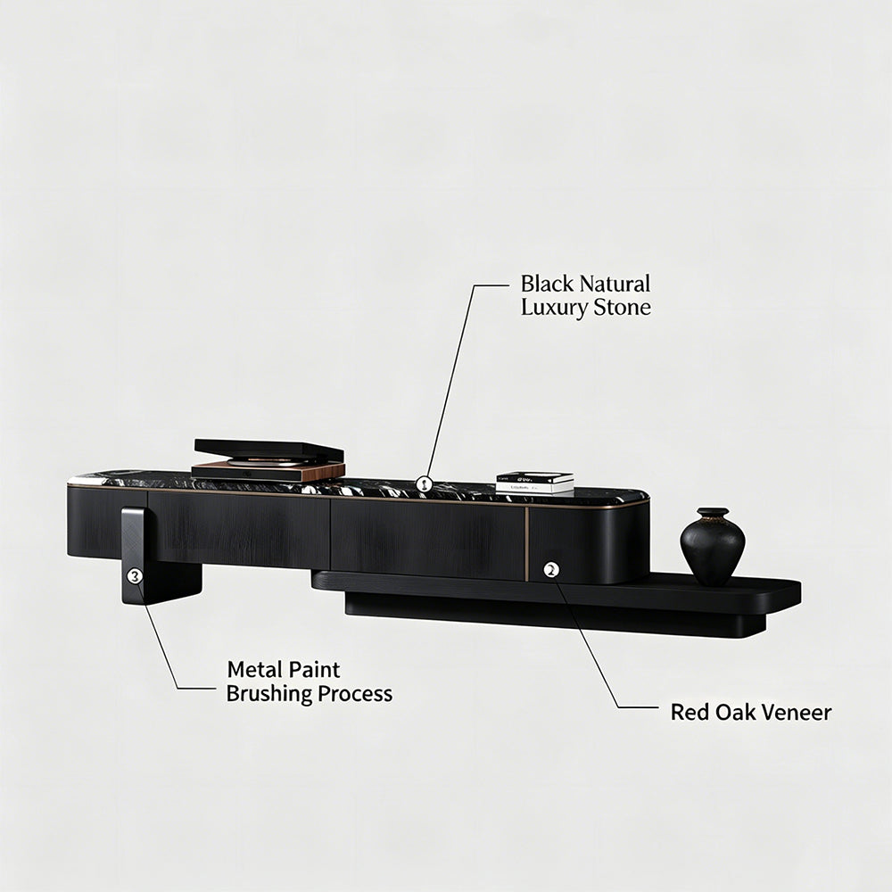 Modern Extendable TV Stand with Marble Top and Black Wood Finish