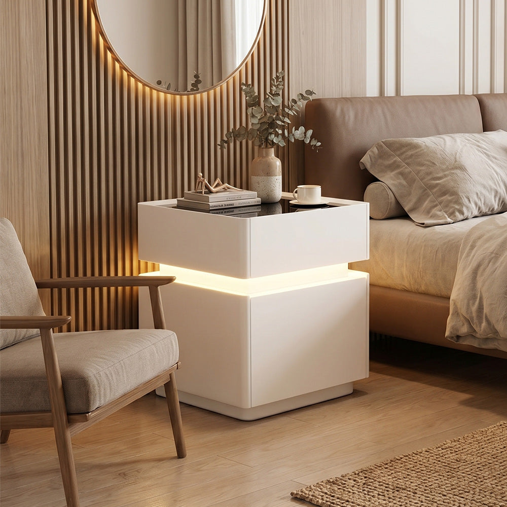 Modern LED Nightstand with Glass Top 2 Drawers Smart Bedside Table High Gloss White Design