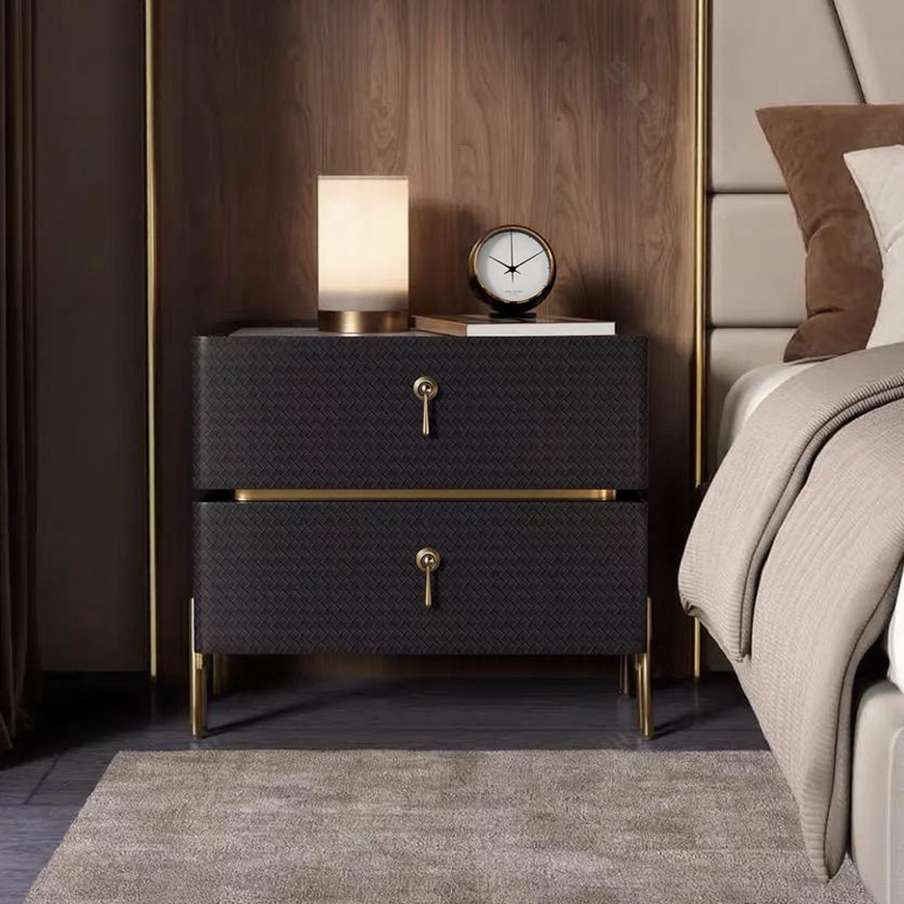Luxury Bedside Table with Textured Front Panels and Brass Accents