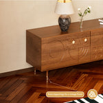 Load image into Gallery viewer, 78&quot; Retro TV Stand Carved Geometric Pattern Solid Wood Cabinet Brass-Tipped Legs Storage Sideboard
