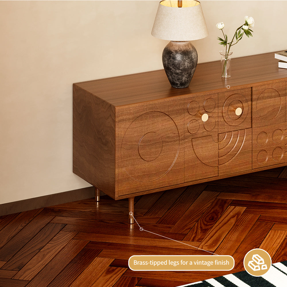 78" Retro TV Stand Carved Geometric Pattern Solid Wood Cabinet Brass-Tipped Legs Storage Sideboard
