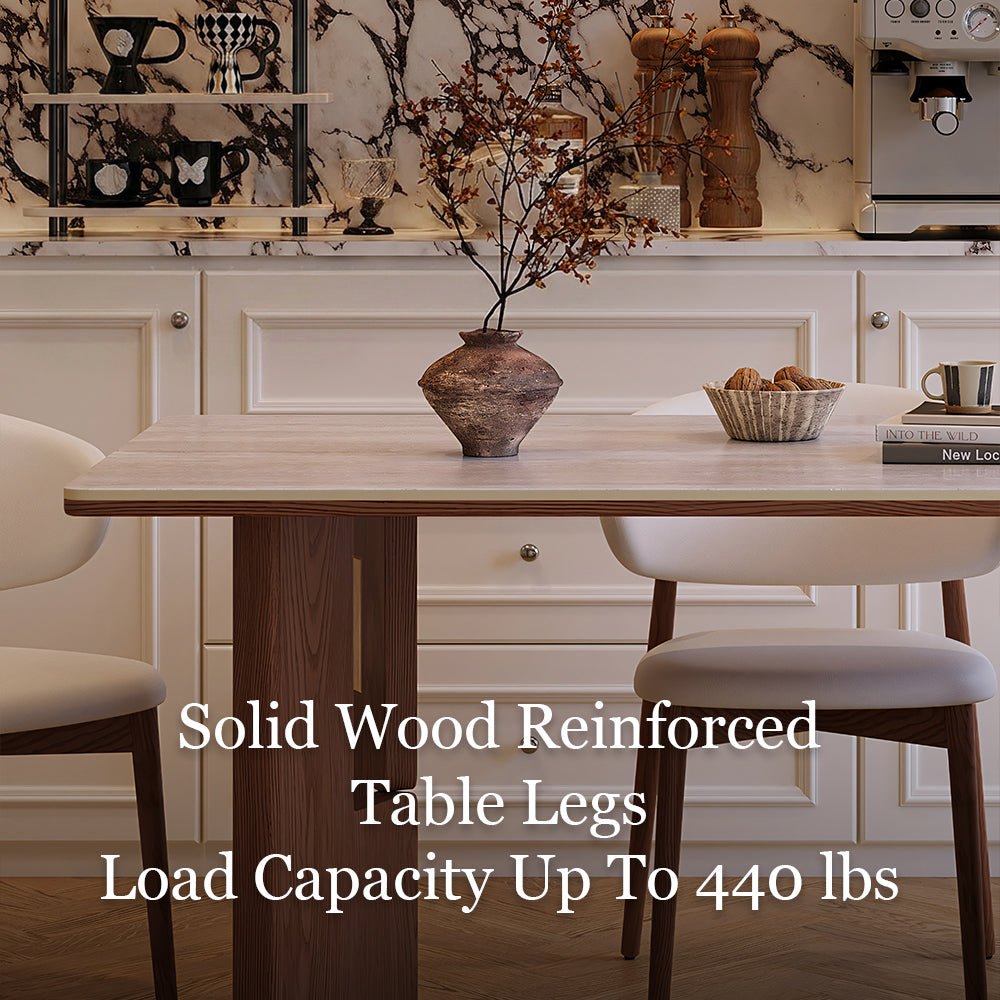 Mid Century Sintered Stone Top Dining Table With Geometric Wooden Legs