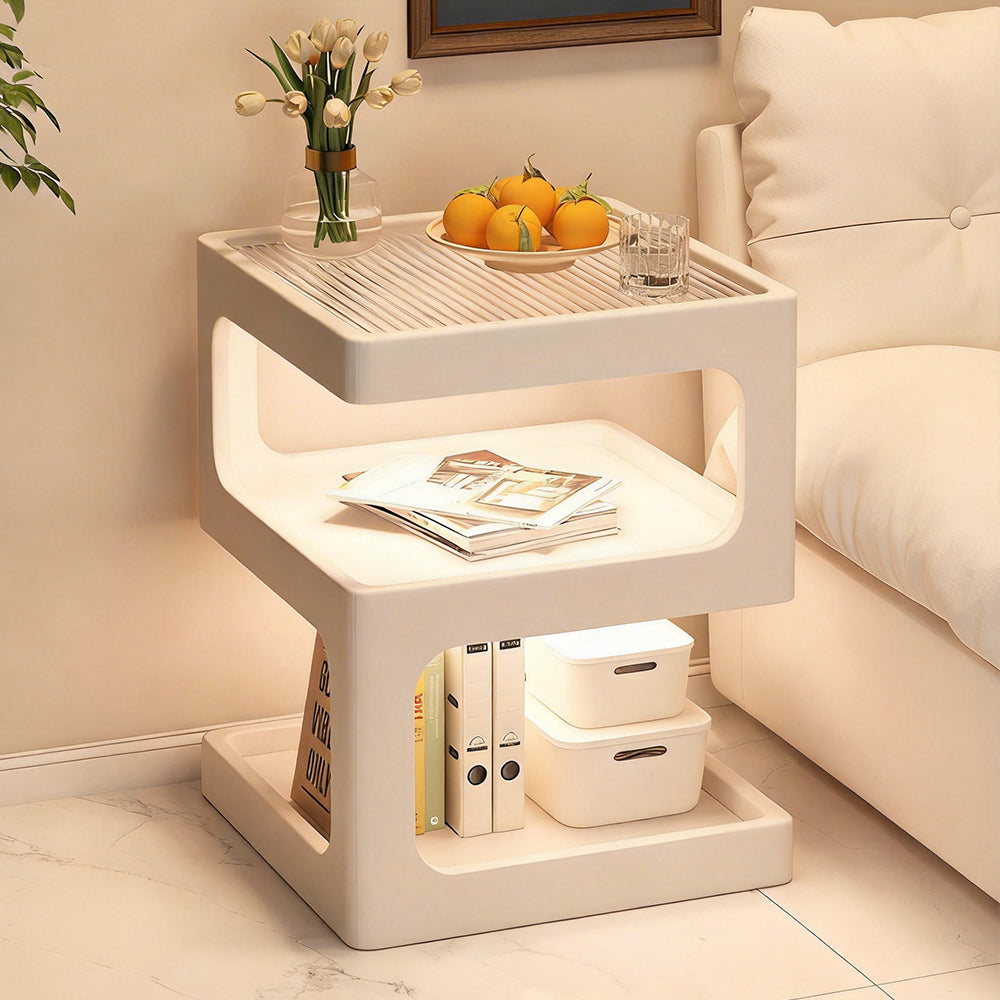 Modern Solid Wood Bedside Table with Fluted Glass Top Multi Layer Storage Nightstand