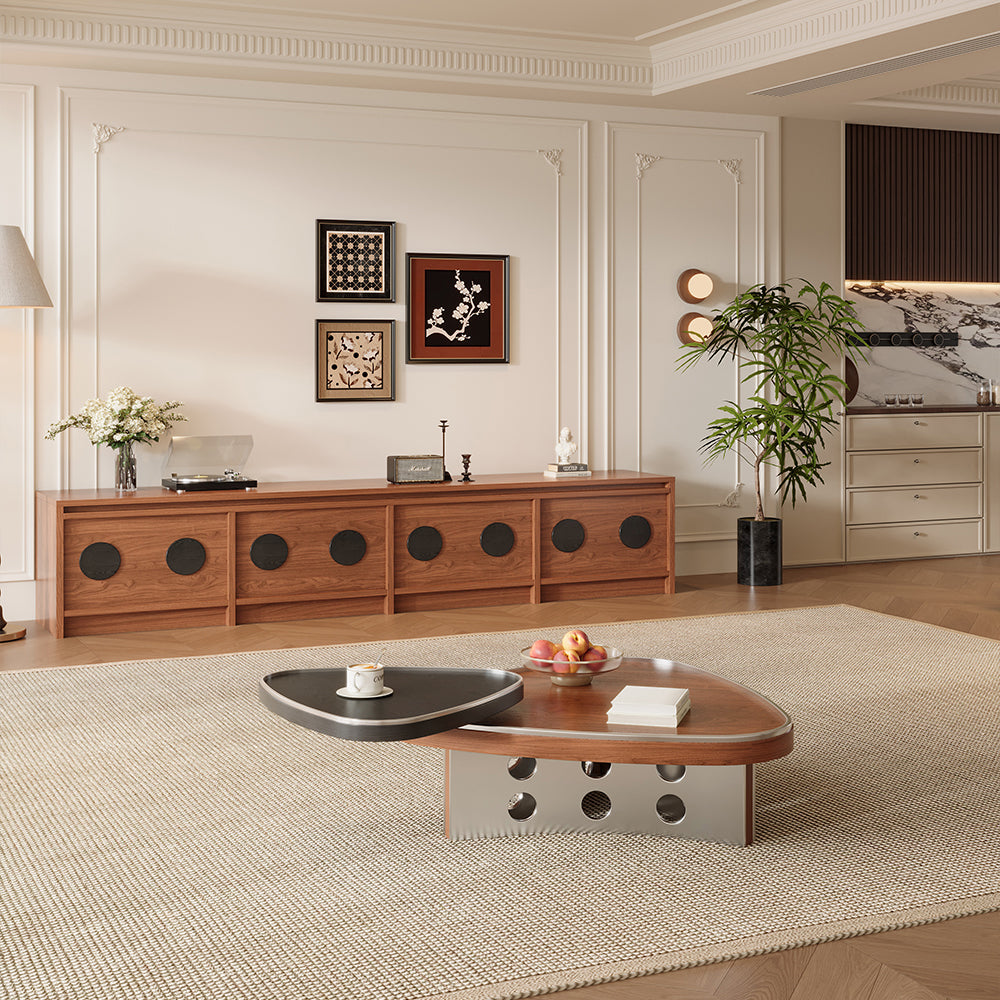 33″ Modern Coffee Table Walnut Wood with Brushed Steel Base Sculptural Design Dual-Tier Functionality