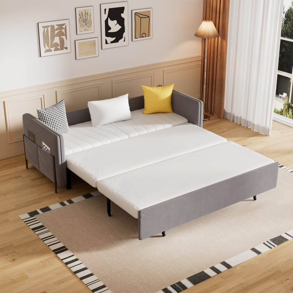 Convertible sofa bed styled in a modern living room with soft neutral tones