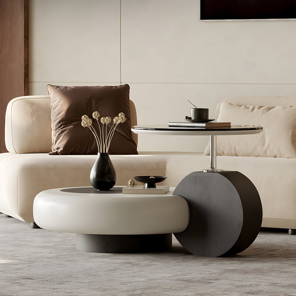 Modern Sculptural Coffee Table with Elevated Marble Glass Top and Curved Base Design