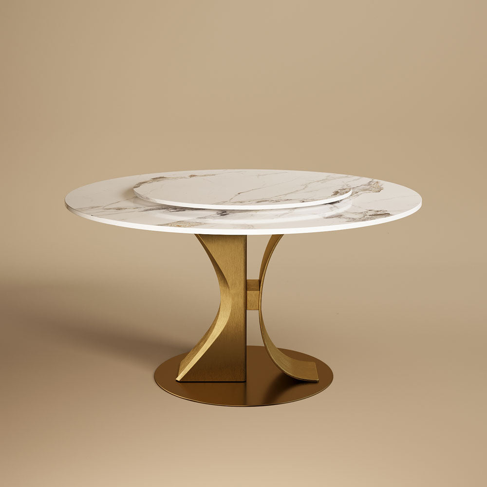 Round Dining Table Lazy Susan Marble Effect and Gold Metal Base Perfect for 4-6 People