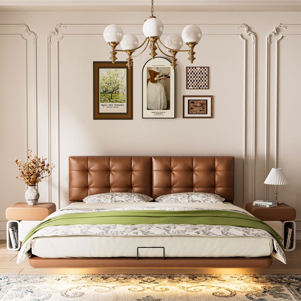 Modern Floating Bed with LED Lighting & Upholstered Headboard