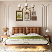 Modern Floating Bed with LED Lighting & Upholstered Headboard