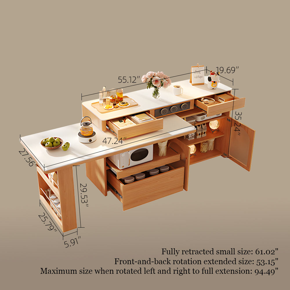 White & Natural Multi-Function Sliding Kitchen Island Storage Power Outlets & Dining in One